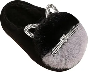 Girl's Fuzzy Fluffy Furry Slippers Cartoon Plush Indoor Bedroom Home Shoes Rubber Flat Bottom Anti-slip Slipper