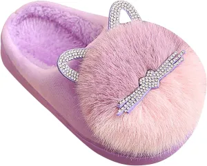 Girl's Fuzzy Fluffy Furry Slippers Cartoon Plush Indoor Bedroom Home Shoes Rubber Flat Bottom Anti-slip Slipper