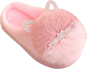 Girl's Fuzzy Fluffy Furry Slippers Cartoon Plush Indoor Bedroom Home Shoes Rubber Flat Bottom Anti-slip Slipper