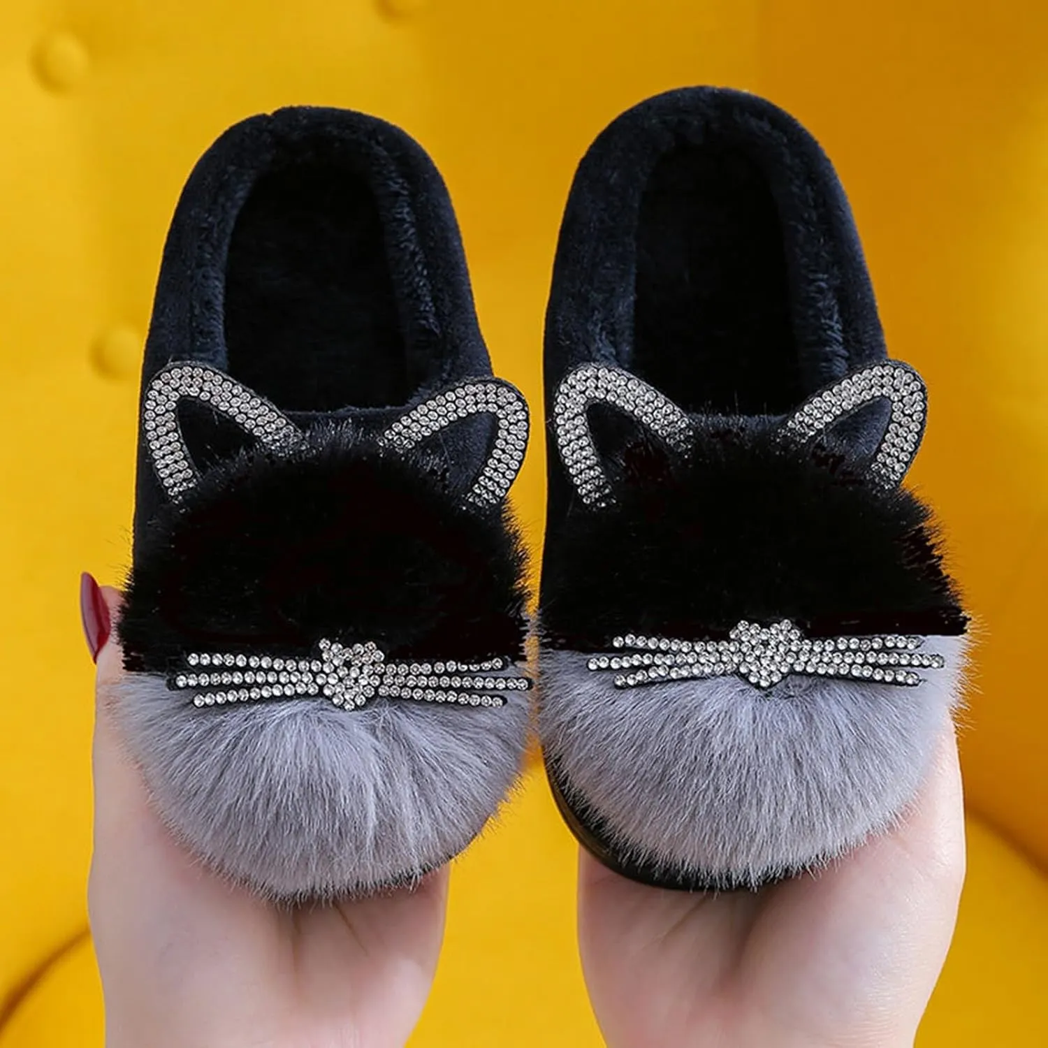 Girl's Fuzzy Fluffy Furry Slippers Cartoon Plush Indoor Bedroom Home Shoes Rubber Flat Bottom Anti-slip Slipper