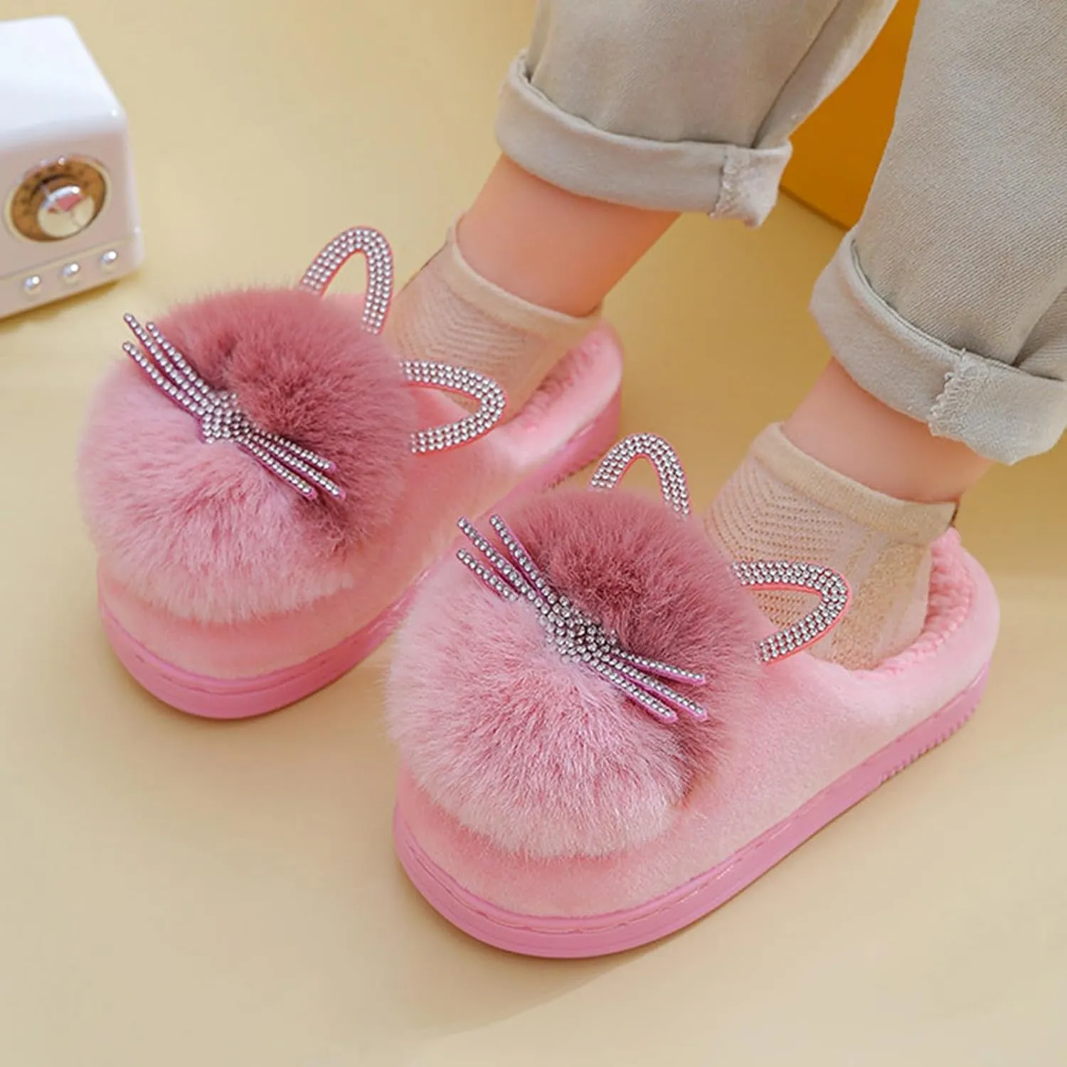 Girl's Fuzzy Fluffy Furry Slippers Cartoon Plush Indoor Bedroom Home Shoes Rubber Flat Bottom Anti-slip Slipper