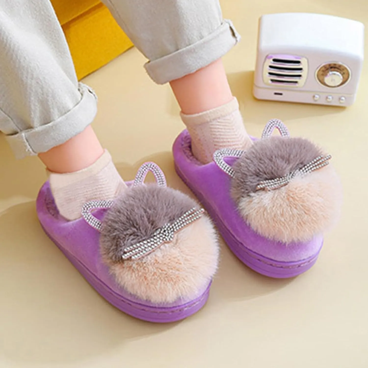 Girl's Fuzzy Fluffy Furry Slippers Cartoon Plush Indoor Bedroom Home Shoes Rubber Flat Bottom Anti-slip Slipper