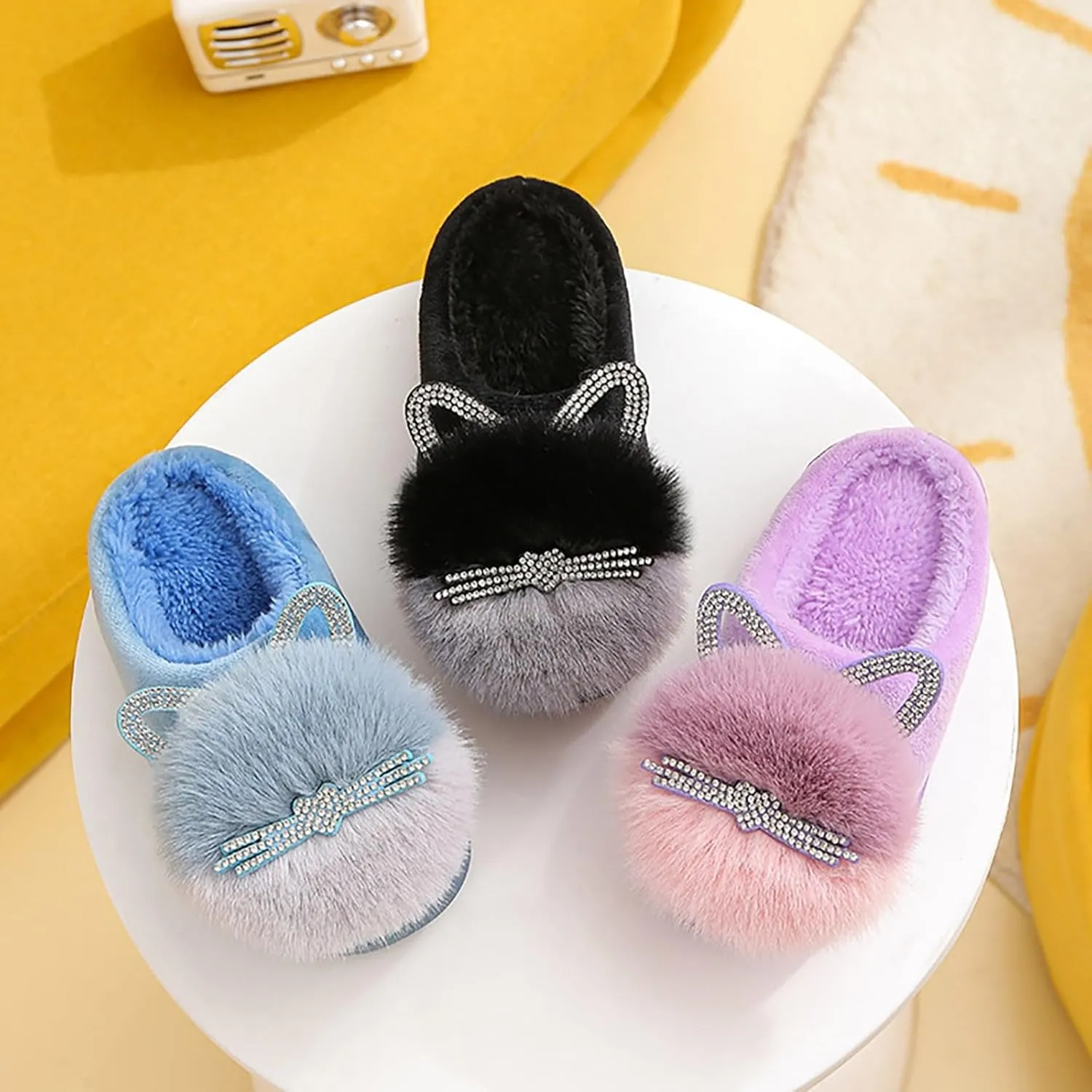 Girl's Fuzzy Fluffy Furry Slippers Cartoon Plush Indoor Bedroom Home Shoes Rubber Flat Bottom Anti-slip Slipper