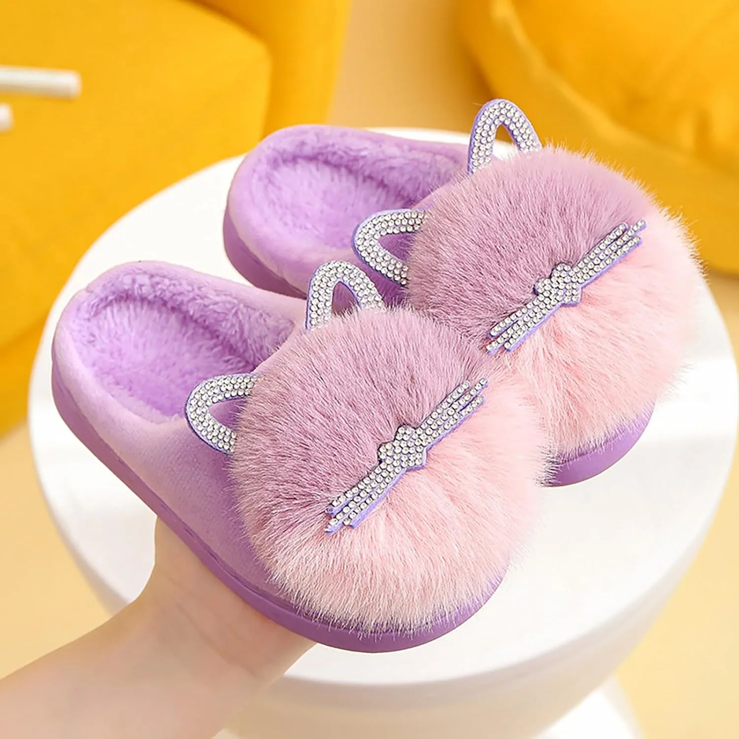 Girl's Fuzzy Fluffy Furry Slippers Cartoon Plush Indoor Bedroom Home Shoes Rubber Flat Bottom Anti-slip Slipper