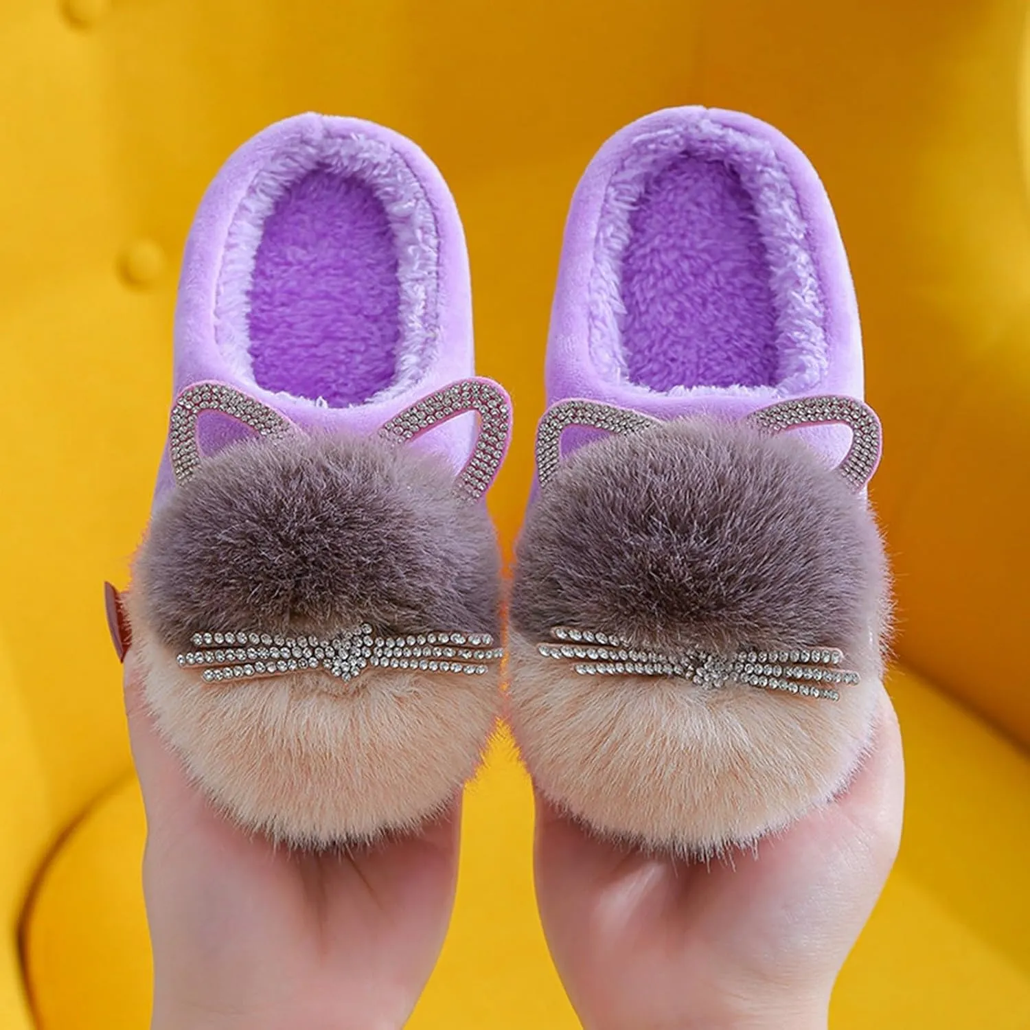 Girl's Fuzzy Fluffy Furry Slippers Cartoon Plush Indoor Bedroom Home Shoes Rubber Flat Bottom Anti-slip Slipper