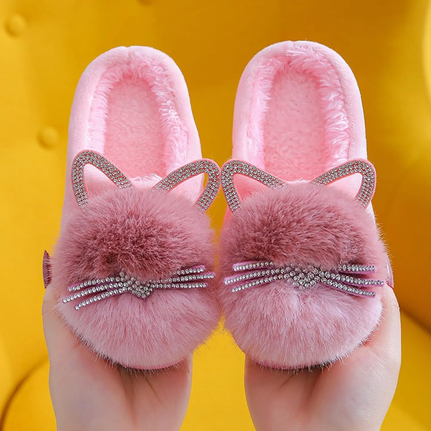 Girl's Fuzzy Fluffy Furry Slippers Cartoon Plush Indoor Bedroom Home Shoes Rubber Flat Bottom Anti-slip Slipper
