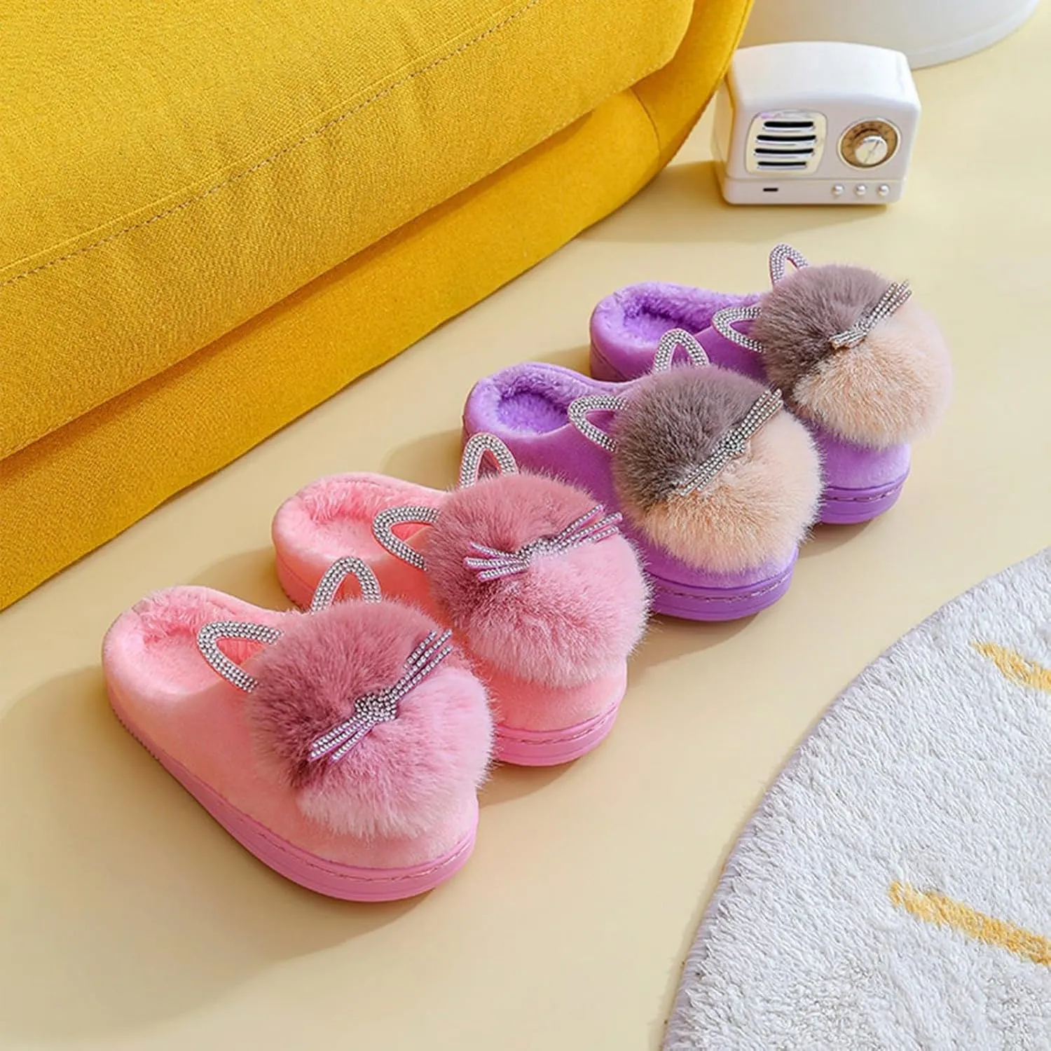 Girl's Fuzzy Fluffy Furry Slippers Cartoon Plush Indoor Bedroom Home Shoes Rubber Flat Bottom Anti-slip Slipper