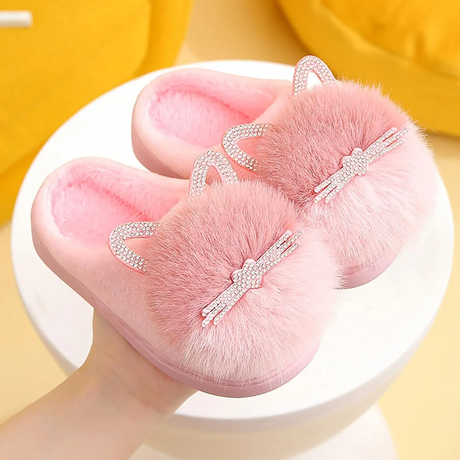 Girl's Fuzzy Fluffy Furry Slippers Cartoon Plush Indoor Bedroom Home Shoes Rubber Flat Bottom Anti-slip Slipper