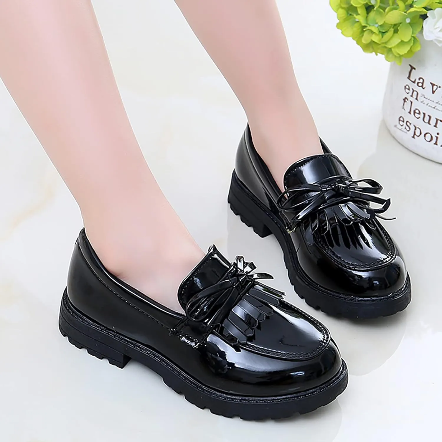 Girls Slip On Leather Loafer Tassel Bow School Dress Shoes for Girls Toddler Mary Jane Shoes (Black, 33)