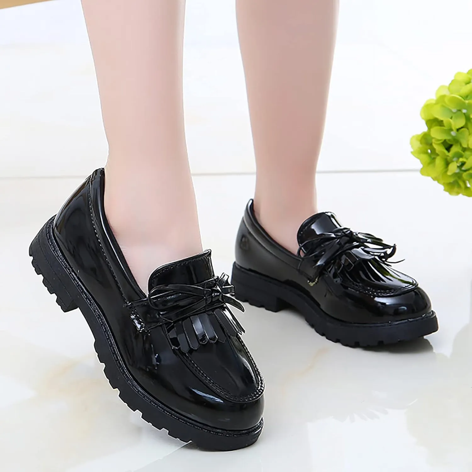 Girls Slip On Leather Loafer Tassel Bow School Dress Shoes for Girls Toddler Mary Jane Shoes (Black, 33)