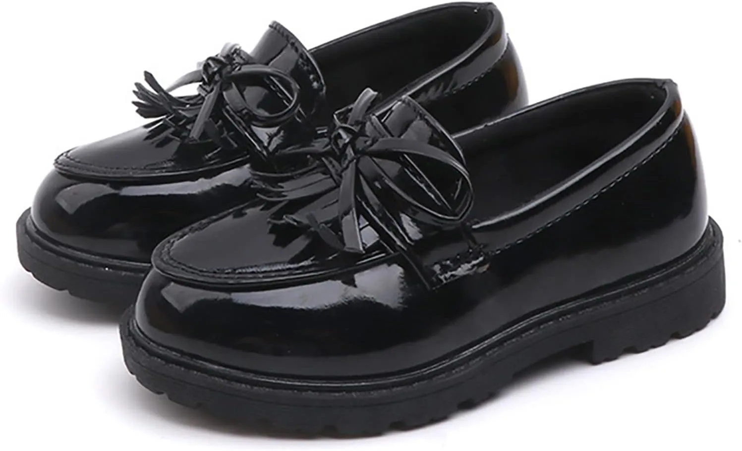 Girls Slip On Leather Loafer Tassel Bow School Dress Shoes for Girls Toddler Mary Jane Shoes (Black, 33)