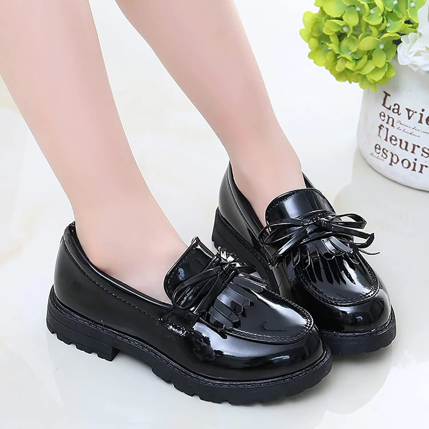 Girls Slip On Leather Loafer Tassel Bow School Dress Shoes for Girls Toddler Mary Jane Shoes (Black, 33)