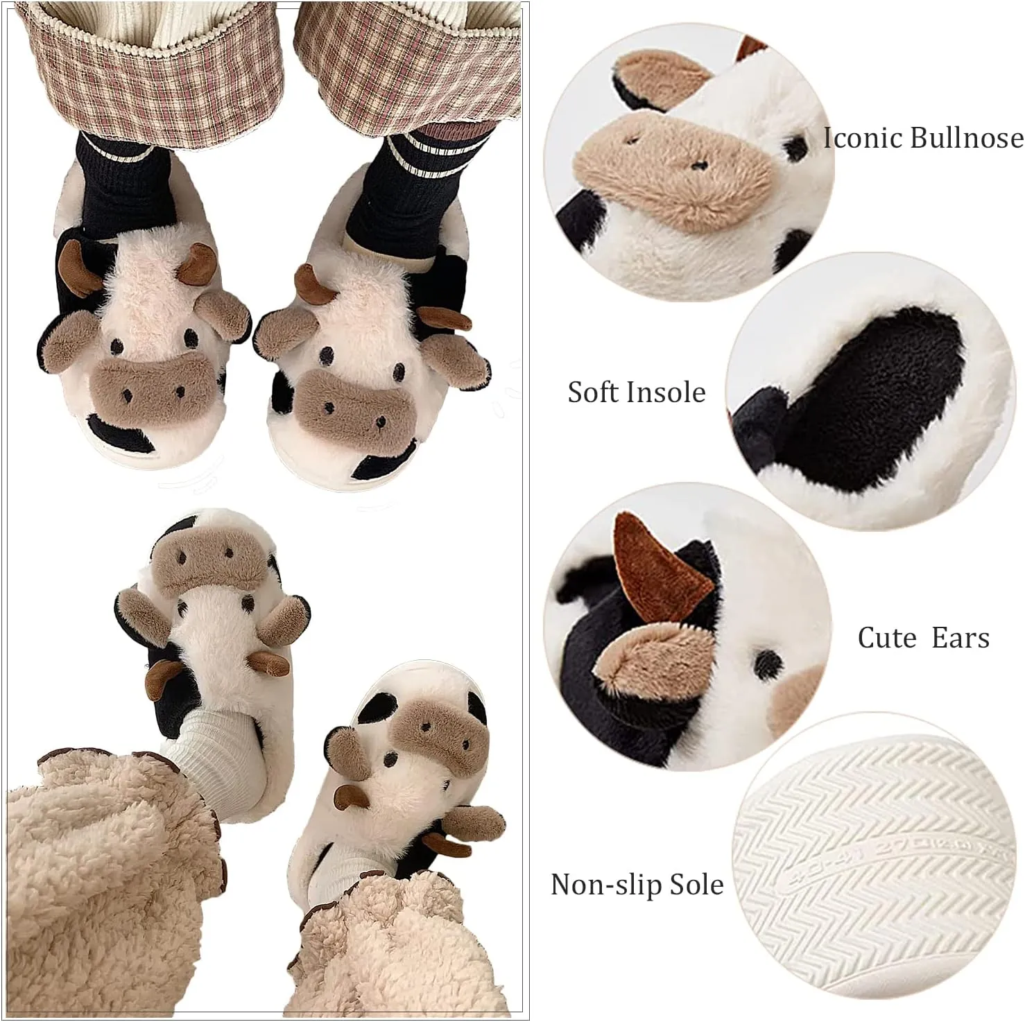 GULAKY Cow Slippers for Women Fuzzy Cute Kawaii Shoes Super Warm Soft Sole Non-slip Lightweight