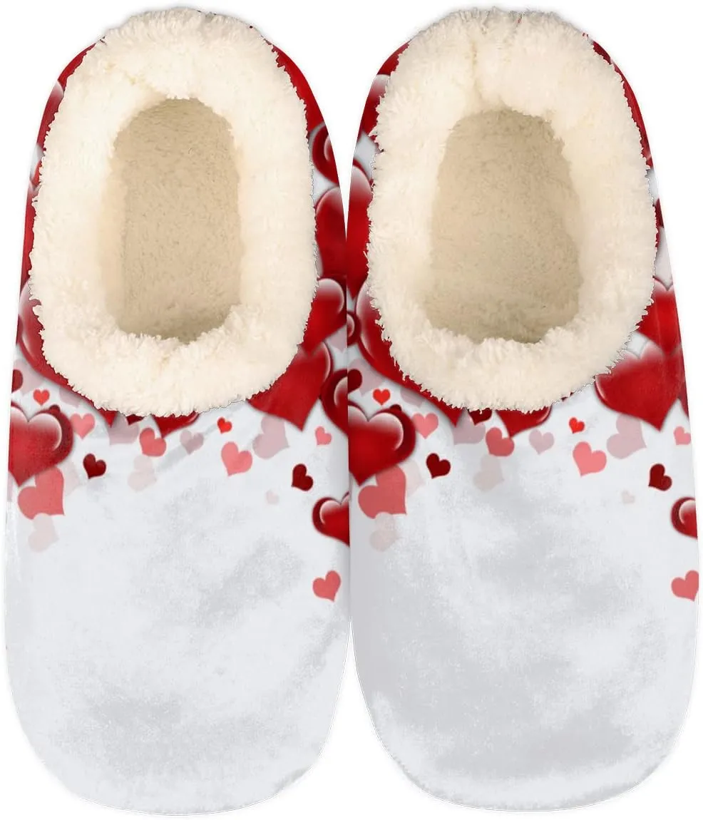 Happy Valentines Day Women Men House Anti-Slip Slippers, Romantic Red Hearts Womens Mens Winter Indoor Slippers, Soft Cozy Warm Fuzzy Memory Foam Anti-Slip Slippers