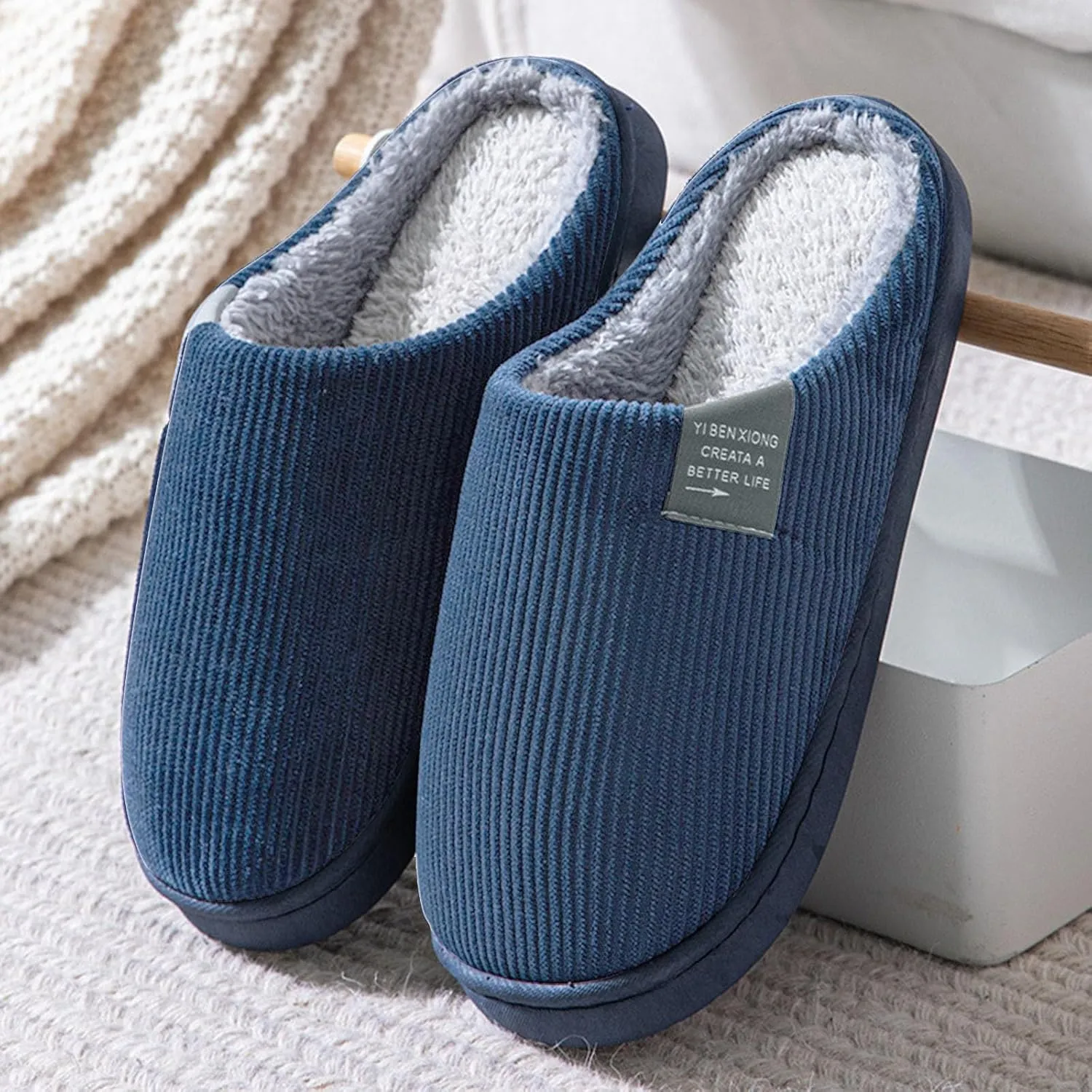 House Slippers for Men with Fuzzy Collar Memory Foam Bedroom Slippers Non-Slip Cute Indoor Bedroom Home Slippers