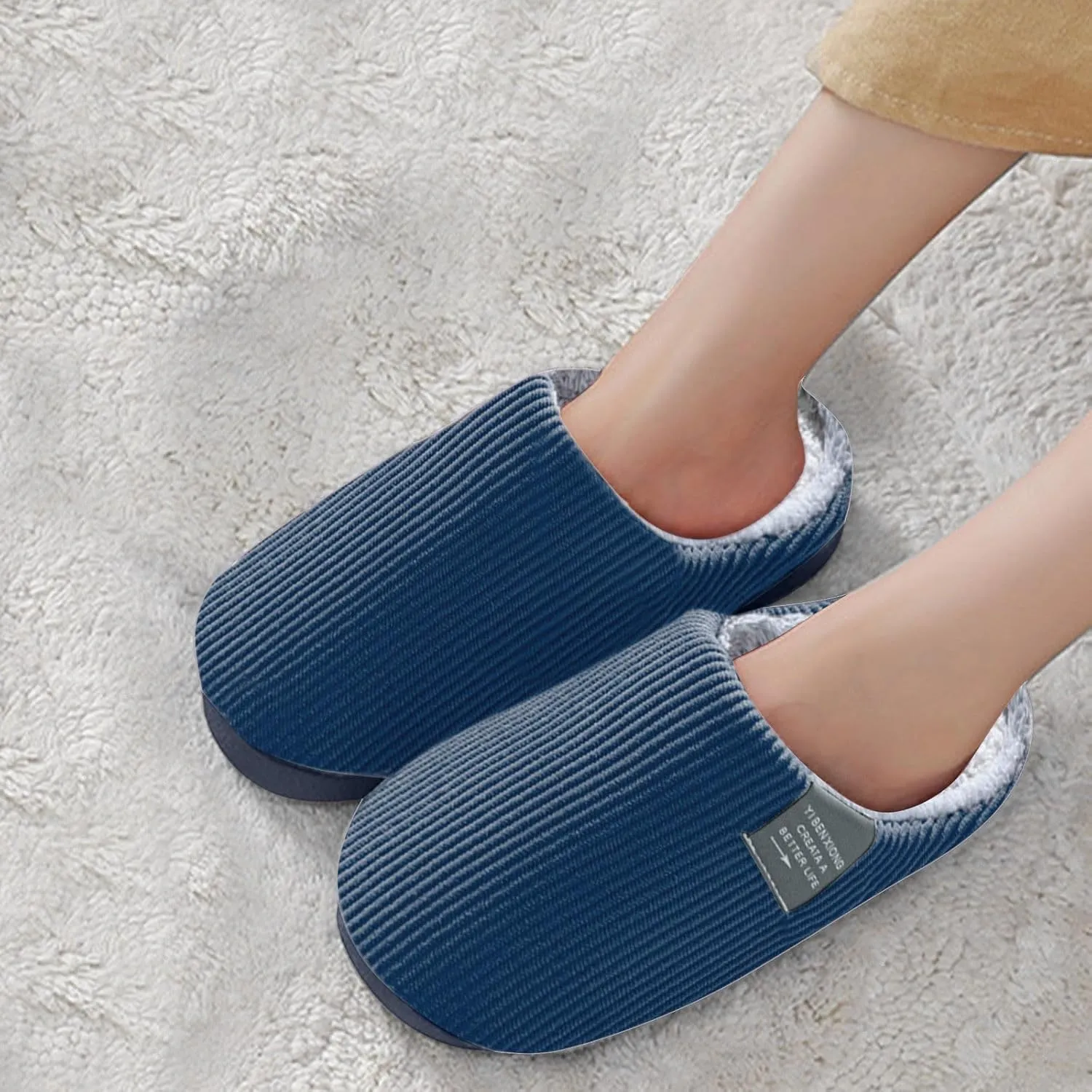 House Slippers for Men with Fuzzy Collar Memory Foam Bedroom Slippers Non-Slip Cute Indoor Bedroom Home Slippers