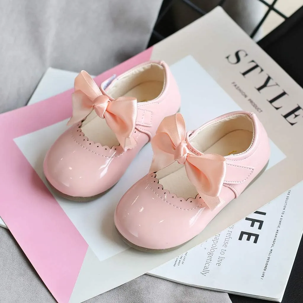 Kids Girls Leather Sneaker with Bows Toddler Baby Infant Newborn Soft Sole Ankle Flat Sport Shoes Outdoor Dance Shoes