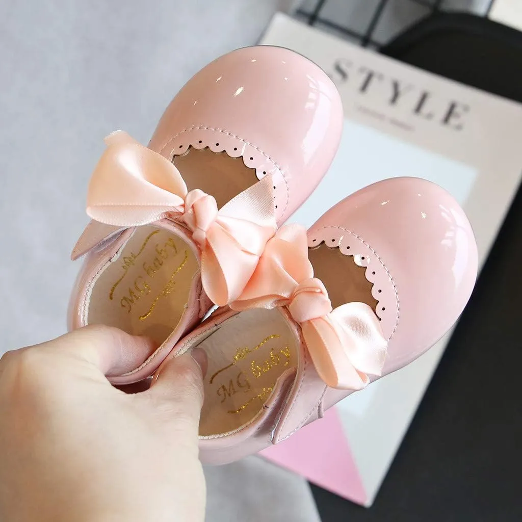 Kids Girls Leather Sneaker with Bows Toddler Baby Infant Newborn Soft Sole Ankle Flat Sport Shoes Outdoor Dance Shoes