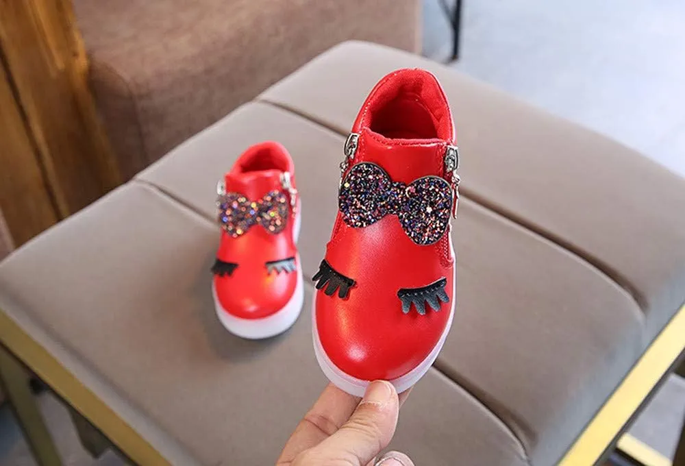 Kid's Light up Shoes Bowknot Diamond Led Zipper Shoes Boys Girls aterproof Flashing Trainer High Top Sneaker