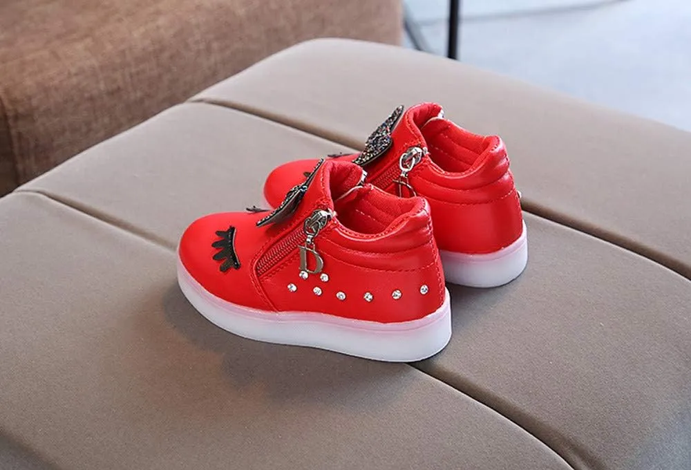 Kid's Light up Shoes Bowknot Diamond Led Zipper Shoes Boys Girls aterproof Flashing Trainer High Top Sneaker
