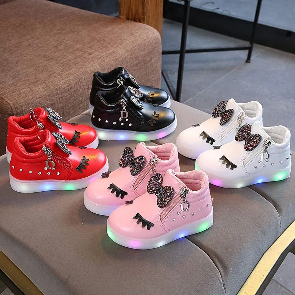 Kid's Light up Shoes Bowknot Diamond Led Zipper Shoes Boys Girls aterproof Flashing Trainer High Top Sneaker