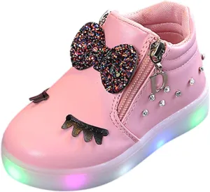 Kid's Light up Shoes Bowknot Diamond Led Zipper Shoes Boys Girls aterproof Flashing Trainer High Top Sneaker