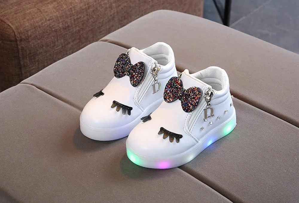 Kid's Light up Shoes Bowknot Diamond Led Zipper Shoes Boys Girls aterproof Flashing Trainer High Top Sneaker