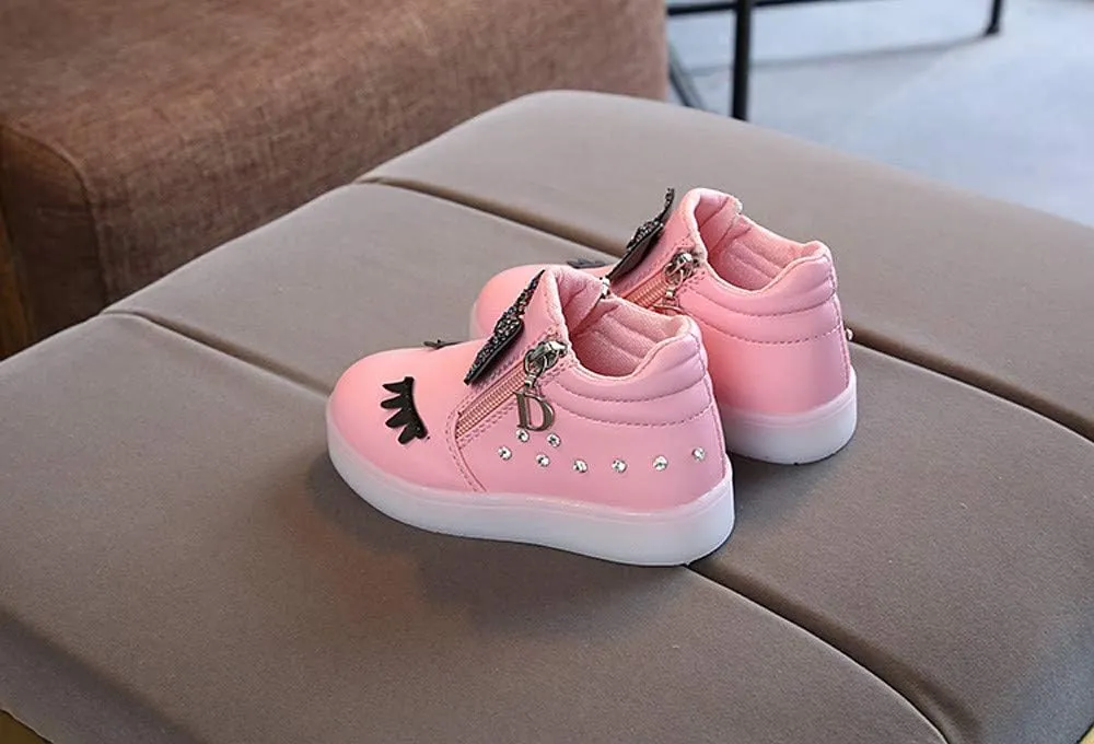 Kid's Light up Shoes Bowknot Diamond Led Zipper Shoes Boys Girls aterproof Flashing Trainer High Top Sneaker