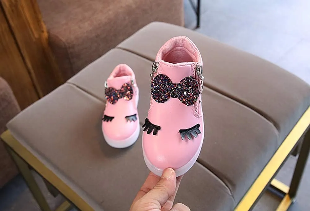 Kid's Light up Shoes Bowknot Diamond Led Zipper Shoes Boys Girls aterproof Flashing Trainer High Top Sneaker