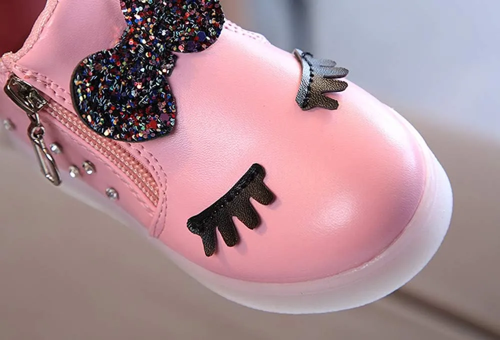 Kid's Light up Shoes Bowknot Diamond Led Zipper Shoes Boys Girls aterproof Flashing Trainer High Top Sneaker
