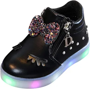 Kid's Light up Shoes Bowknot Diamond Led Zipper Shoes Boys Girls aterproof Flashing Trainer High Top Sneaker