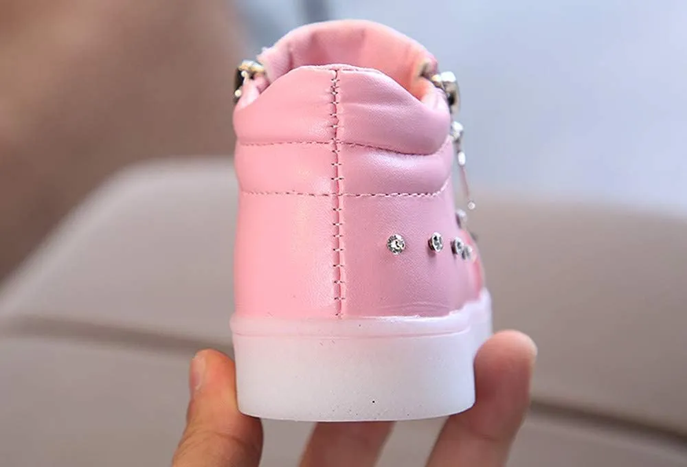 Kid's Light up Shoes Bowknot Diamond Led Zipper Shoes Boys Girls aterproof Flashing Trainer High Top Sneaker