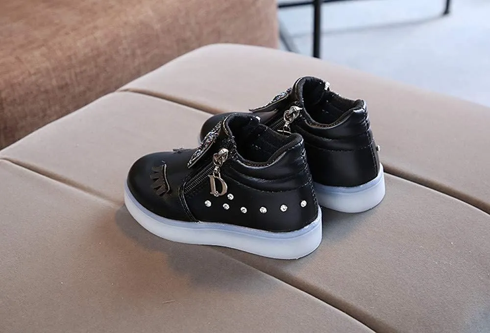Kid's Light up Shoes Bowknot Diamond Led Zipper Shoes Boys Girls aterproof Flashing Trainer High Top Sneaker