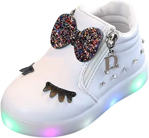 Kid's Light up Shoes Bowknot Diamond Led Zipper Shoes Boys Girls aterproof Flashing Trainer High Top Sneaker