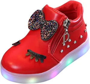 Kid's Light up Shoes Bowknot Diamond Led Zipper Shoes Boys Girls aterproof Flashing Trainer High Top Sneaker