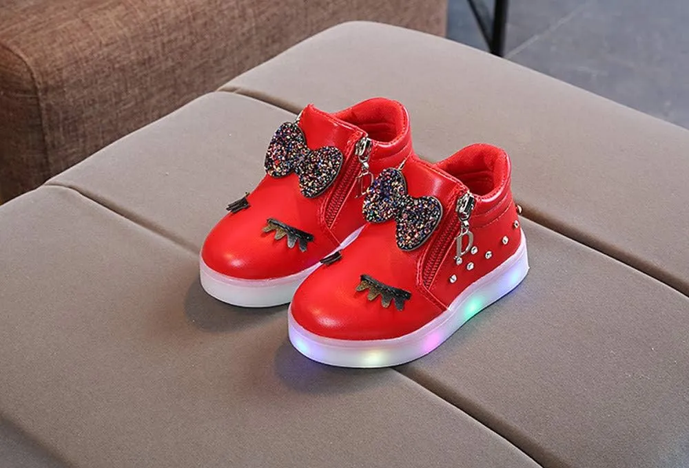 Kid's Light up Shoes Bowknot Diamond Led Zipper Shoes Boys Girls aterproof Flashing Trainer High Top Sneaker
