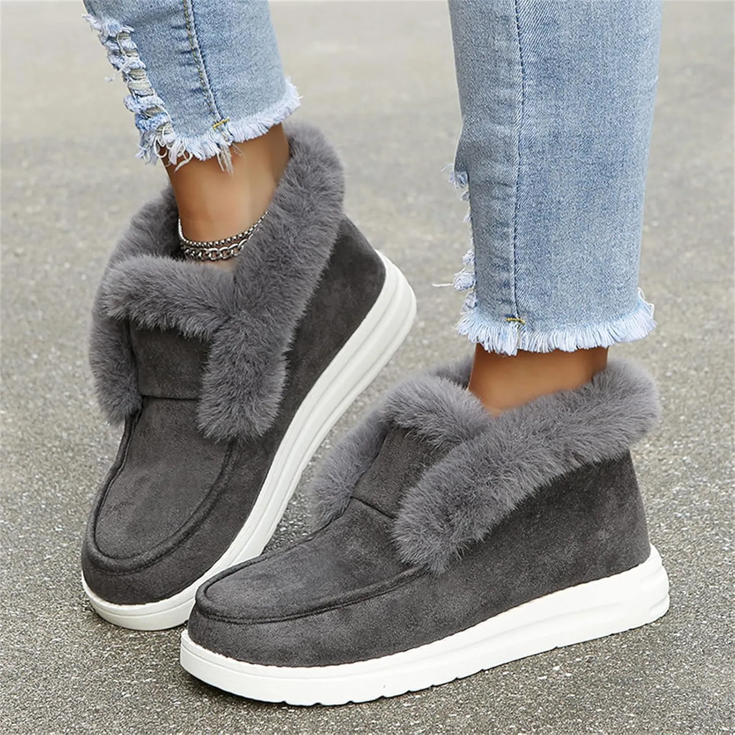 Ladmiple Boots For Women Ankle Booties Winter High-top Snow Boots Slip on Warm Comfortable Outdoor Fur Lined Walking Shoes