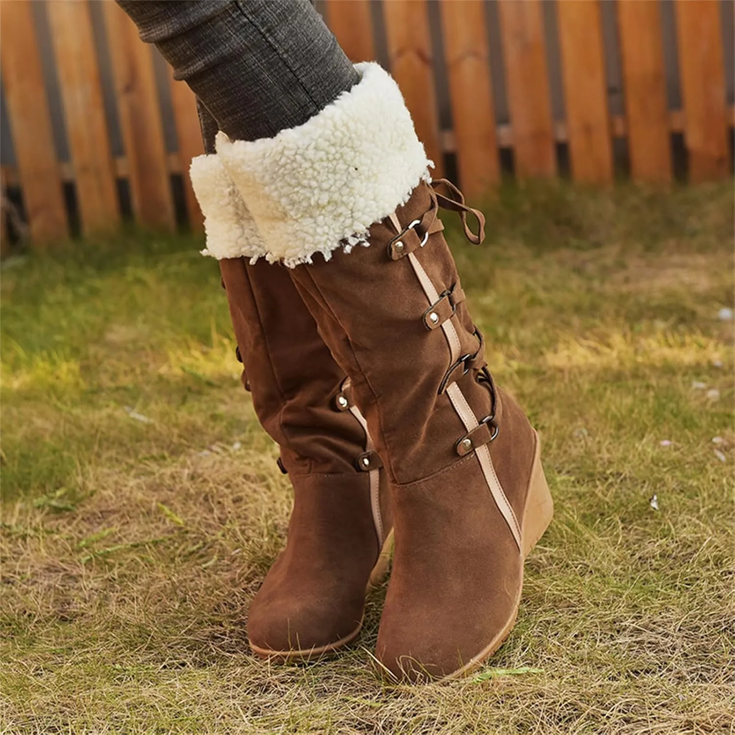 Ladmiple Winter Boots For Women Tall Mid Calf Warm Fur Lined Snow Boots Outdoor Slip On Comfortable Fashion Walking Shoes