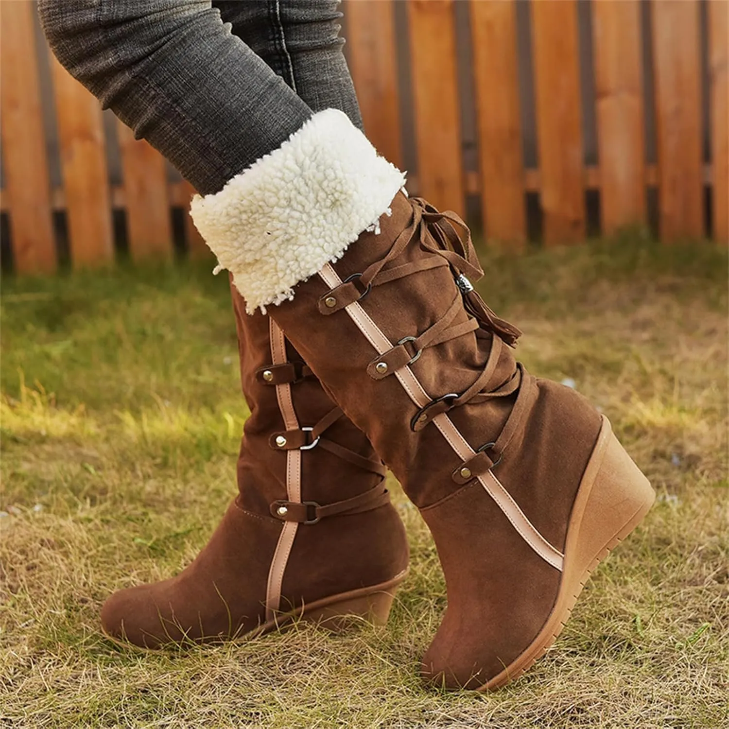 Ladmiple Winter Boots For Women Tall Mid Calf Warm Fur Lined Snow Boots Outdoor Slip On Comfortable Fashion Walking Shoes