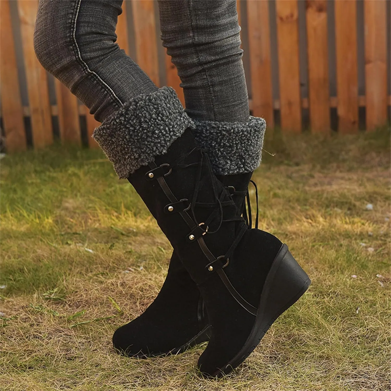 Ladmiple Winter Boots For Women Tall Mid Calf Warm Fur Lined Snow Boots Outdoor Slip On Comfortable Fashion Walking Shoes