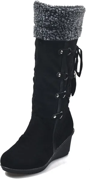 Ladmiple Winter Boots For Women Tall Mid Calf Warm Fur Lined Snow Boots Outdoor Slip On Comfortable Fashion Walking Shoes