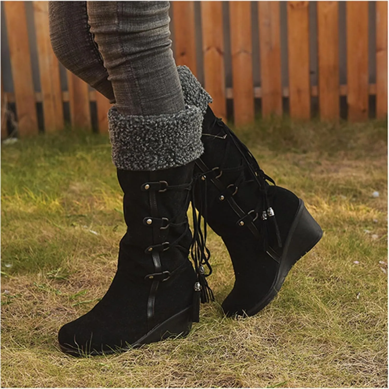 Ladmiple Winter Boots For Women Tall Mid Calf Warm Fur Lined Snow Boots Outdoor Slip On Comfortable Fashion Walking Shoes