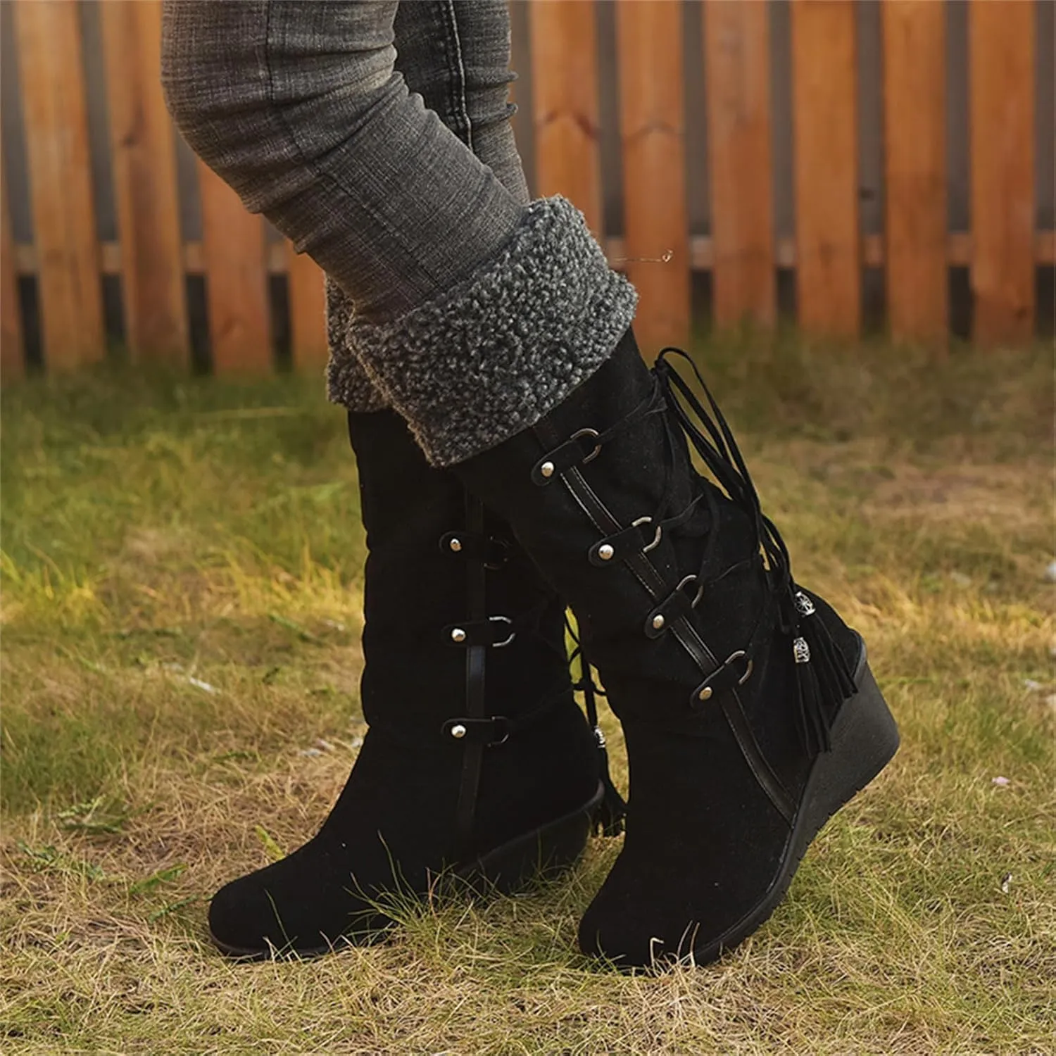 Ladmiple Winter Boots For Women Tall Mid Calf Warm Fur Lined Snow Boots Outdoor Slip On Comfortable Fashion Walking Shoes