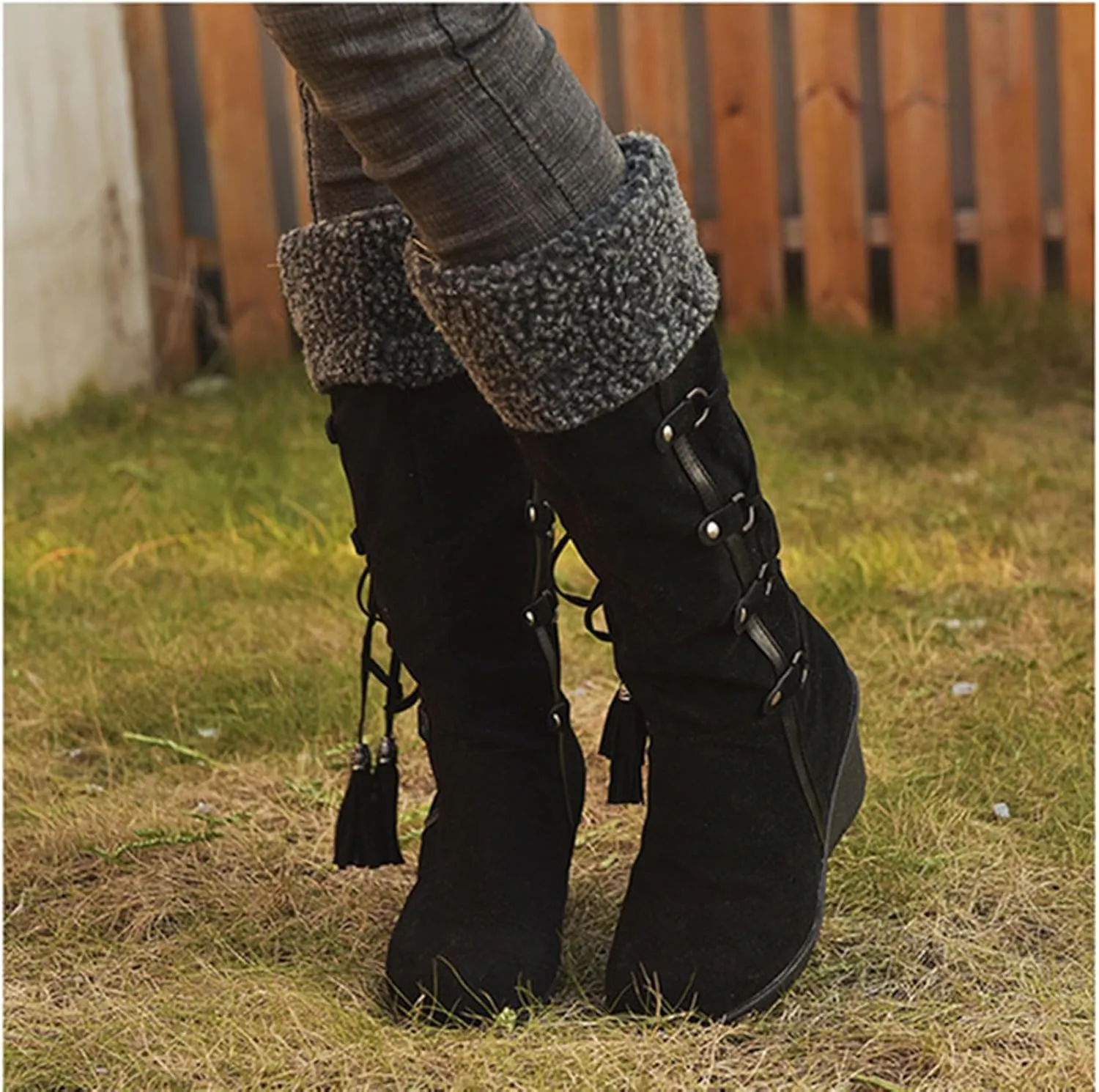 Ladmiple Winter Boots For Women Tall Mid Calf Warm Fur Lined Snow Boots Outdoor Slip On Comfortable Fashion Walking Shoes