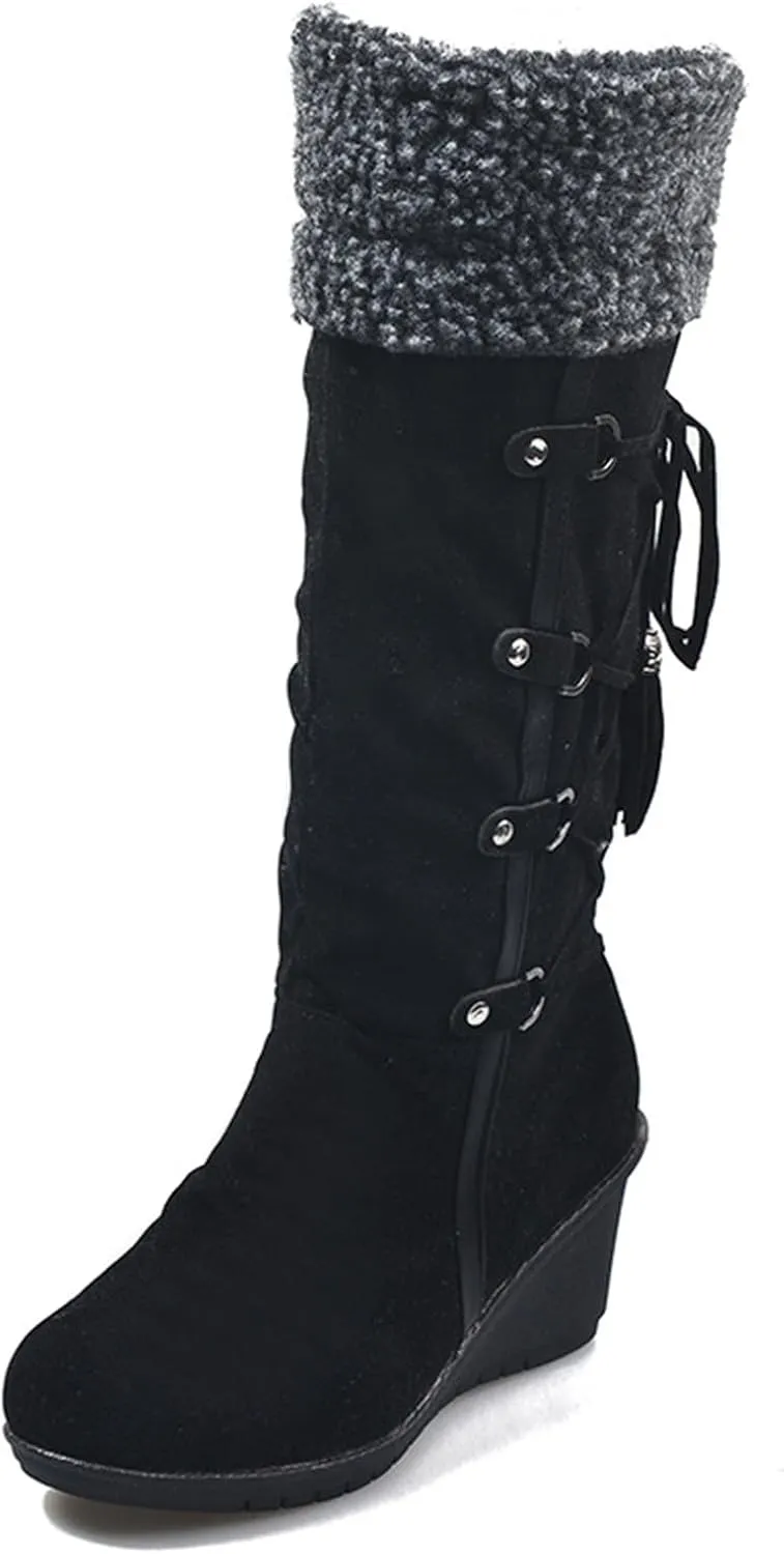 Ladmiple Winter Boots For Women Tall Mid Calf Warm Fur Lined Snow Boots Outdoor Slip On Comfortable Fashion Walking Shoes