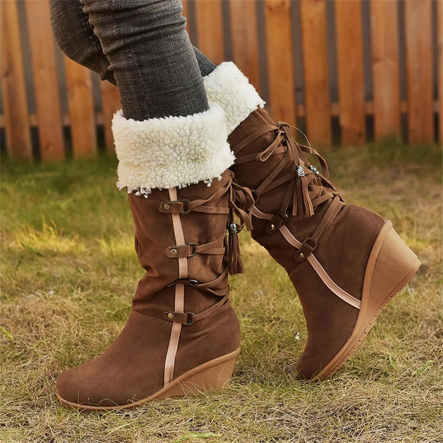 Ladmiple Winter Boots For Women Tall Mid Calf Warm Fur Lined Snow Boots Outdoor Slip On Comfortable Fashion Walking Shoes