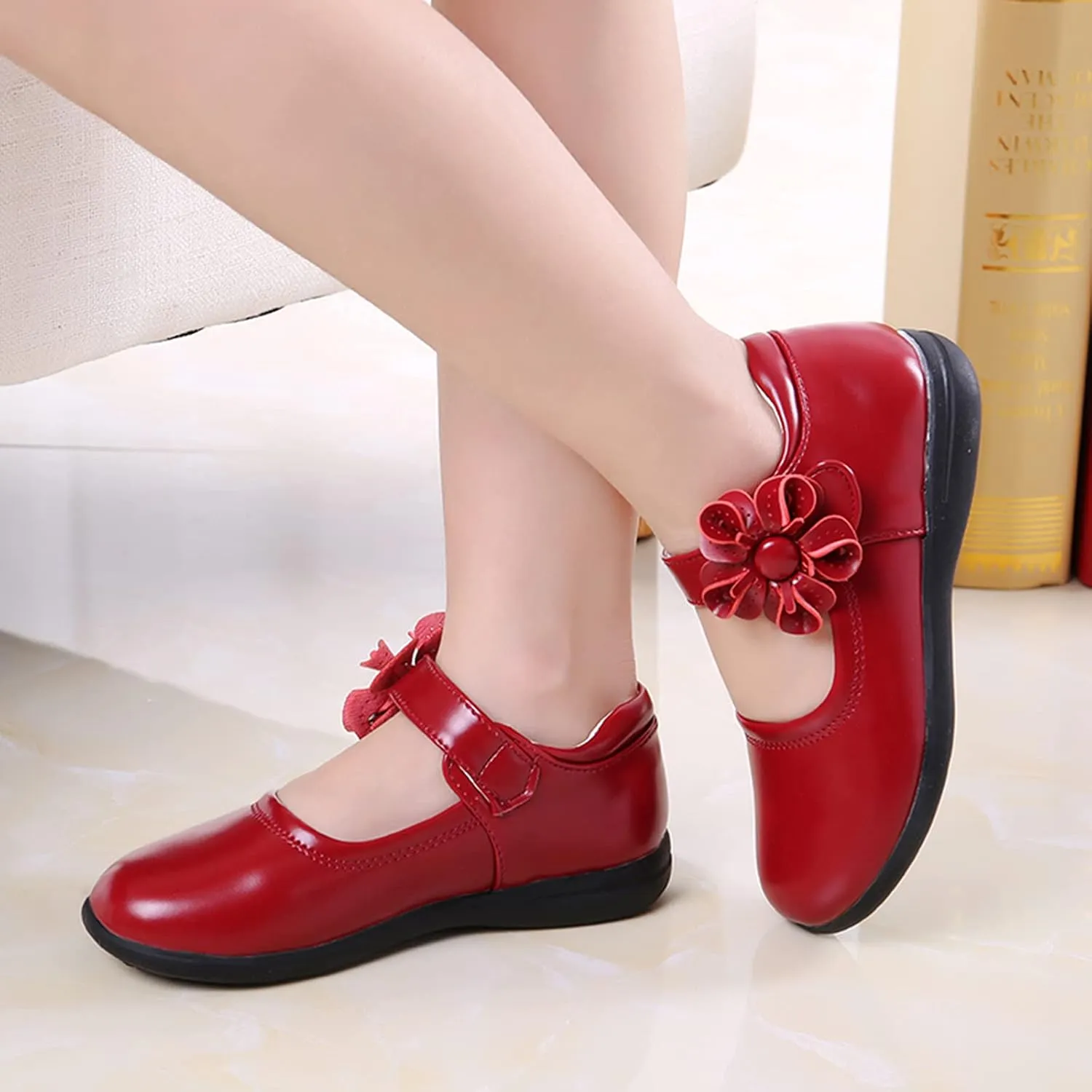 Little Kid Girl's Flower School Uniform Dress Shoes Ballet Flats Ballerina Flat Strap Shoes for Wedding Party 3-13 Years