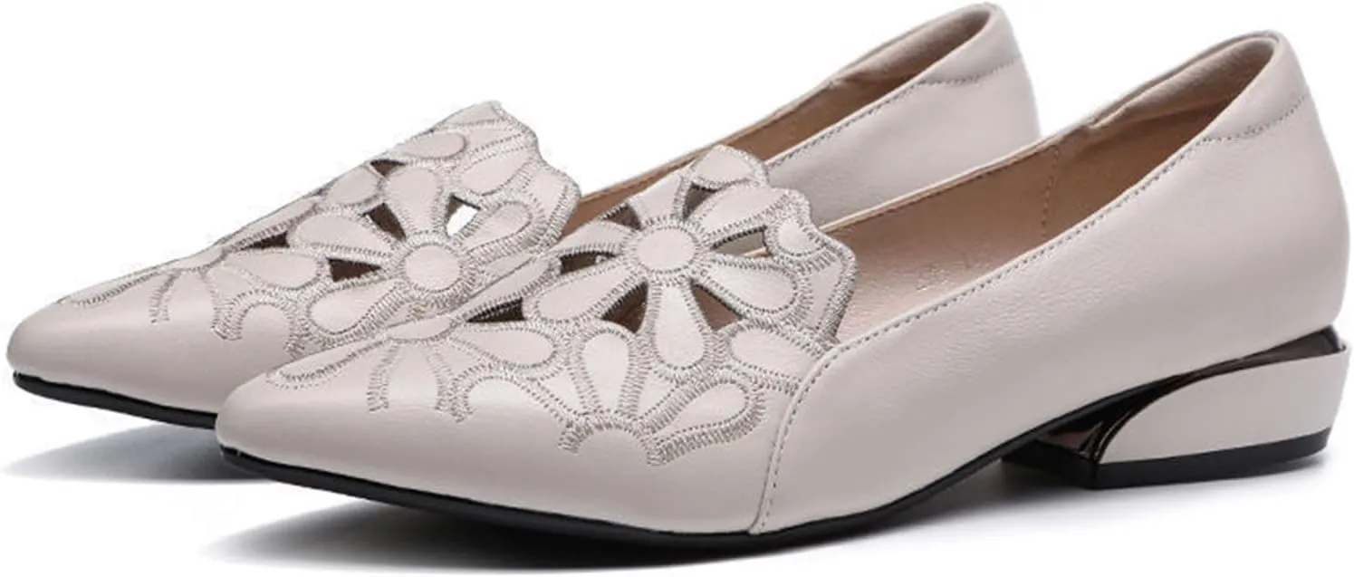 Loafers for Women Low Chunky Heels Slip On Business Casual Shoes Flower Hollow Pointed Toe Flats for Driving Dressy
