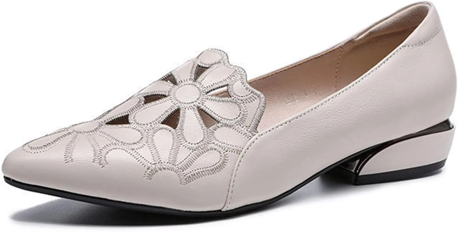 Loafers for Women Low Chunky Heels Slip On Business Casual Shoes Flower Hollow Pointed Toe Flats for Driving Dressy