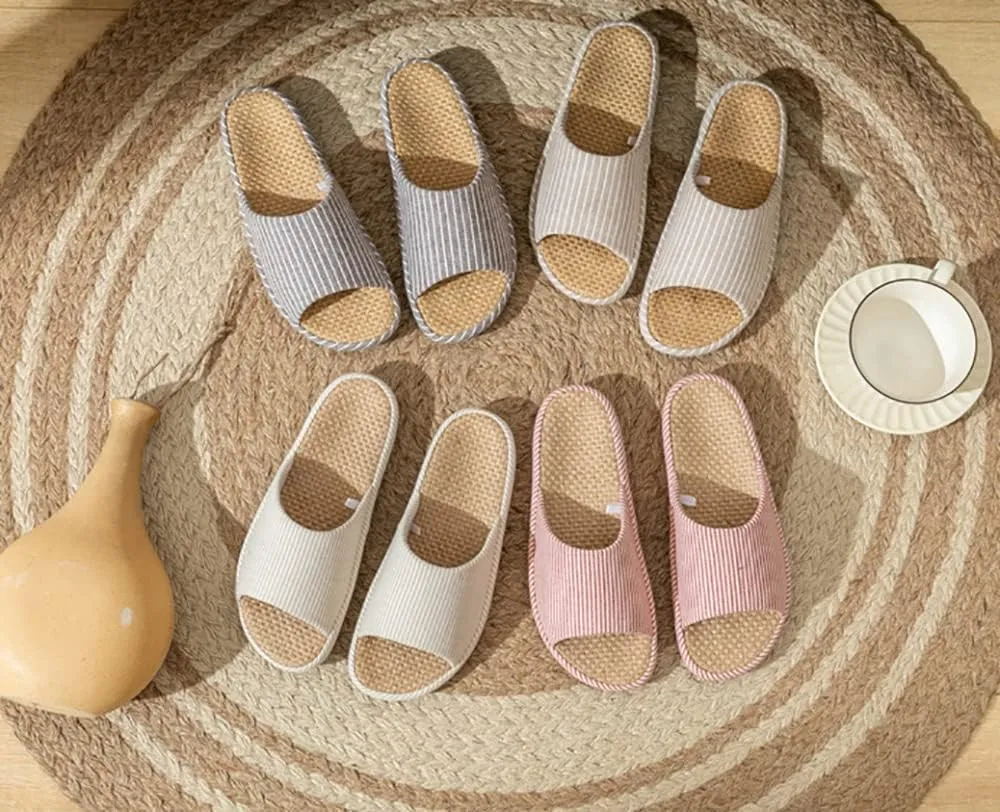 MAGILONA Womens House Slippers Summer Open Toe Tatami Straw Men's Indoor Shoes,Bedroom Linen Lightweight Slip Silent Slippers